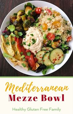 mediterranean meze bowl with grilled vegetables and feta cheese on top, served in a white bowl