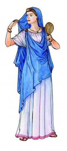 a drawing of a woman in blue and white clothing with a mirror on her shoulder