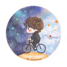 a painting of a boy riding a bike on the moon with stars and clouds in the background