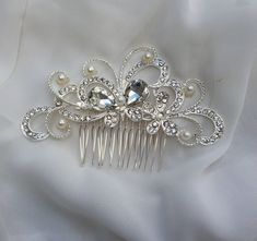 Stunning bridal vintage handmade swarvoski sparkling silver butterfly hair comb with pearls & diamontes wedding / formal hair comb. elegant & beautifully detailed shimmering for your special occasion. $50.95. measurements 4.3 inches or 11.1mm approx wide x 3 inches height or 7.8mm height approx. Silver Wedding Hair Clip, Butterfly Hair Comb, Elegant Silver Crystal Hair Accessories, Silver Wedding Hair, Jeweled Hair Comb, Diamond Hair Comb, Comb Veil, Formal Hair, Hair Comb Bridal