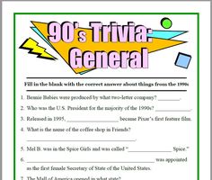 a worksheet with the words 90's trivia general