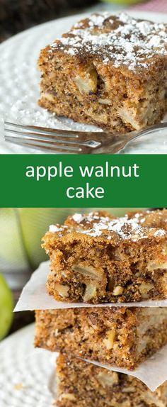 two pieces of apple walnut cake sitting on top of each other