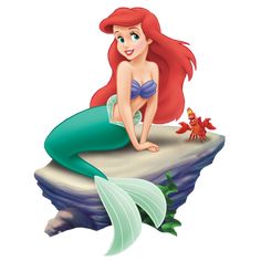 the little mermaid is sitting on top of a rock