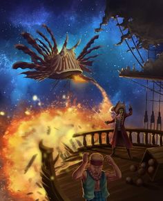 two people standing on a boat in front of a giant fireball with an octopus flying over them