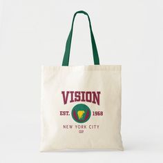 Collegiate style logo for Vision, first comic appearance in 1968. Known around New York City. University Merch, College Merch, Collegiate Style, Class Of 2022, School Logo, Tote Bag Design, Note Pad, Avengers, Tote Bags