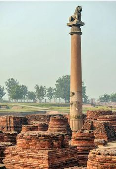 an ancient column in the middle of ruins with a lion statue on it's head