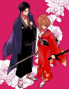 two anime characters standing next to each other with swords in their hands and flowers behind them