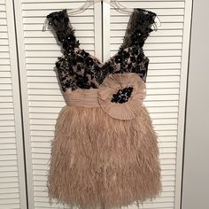 This Is A Terani Mini Dress With A Lace Top And Full Feathered Bottom. It Was Worn Only Once To A Wedding. Beautiful And Makes A Statement! It Is A Blush Color With Black Overlay Lace On Top And Blush Feathered Bottom. There Are Added Cups So A Bra Is Not Needed, Full Support. Black Overlay, Terani Couture, Couture Dress, Blush Color, Couture Dresses, A Wedding, Lace Top, Colorful Dresses, Black And Red