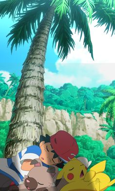 pokemon and pikachu sitting under a palm tree