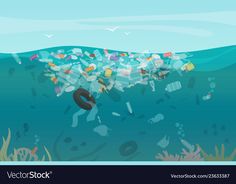 an underwater scene with garbage floating in the ocean