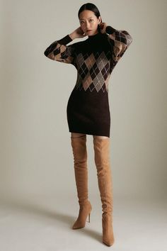 This Beautiful Dress Is From By Lydia Autumn '21: The Heritage Collection, The Third Collection Designed By Lydia Millen With Karen Millen. Calling Countryside Adventures To Mind, This Argyle Jumper Dress Has A Timeless, Heritage Feel That Surpasses Changing Trends. The Piece Of Knitwear Features A Classic Diamond Motif, Snugly Knitted Finish And High Neckline To Keep Out The Cold Along With Gently Puffed Sleeves And Ribbed Trims. The Perfect Partner For Your Favourite Suede Boots. Argyle Sweater Dress, Lydia Millen, Cosy Sweater, Cosy Jumper, Perfect Partner, Argyle Sweater, Heritage Collection, Puffed Sleeves, Karen Millen