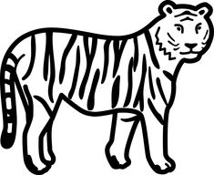 a black and white drawing of a tiger with stripes on it's chest, standing