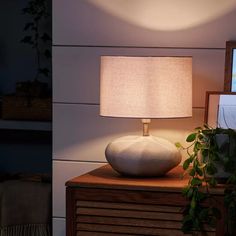 a table lamp sitting on top of a wooden dresser next to a potted plant