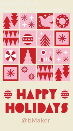 a red and white poster with different types of christmas decorations on it's sides