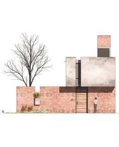 an architectural drawing of a brick building with a tree in the corner and two people standing outside