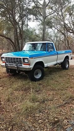 a blue and white truck parked in the grass