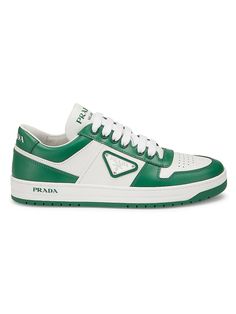 Shop Prada Downtown Low-Top Leather Sneakers | Saks Fifth Avenue Tennis Shoe Heels, Sneakers Green, Ugly Shoes, Chic Flats, Manhattan Toy, Green Outfit, Hummel Sneaker, Manolo Blahnik, Golden Goose Sneaker