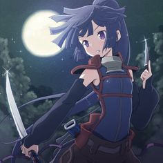 an anime character holding two swords in front of a full moon and trees with stars