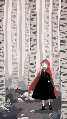 a girl in a black dress and red hoodie is walking through the woods with white birch trees