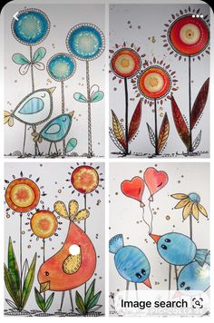 four different pictures of flowers and birds on white paper with blue, red, yellow and orange colors