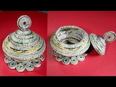 two pictures of an object made out of newspaper rolls and other items on a red surface