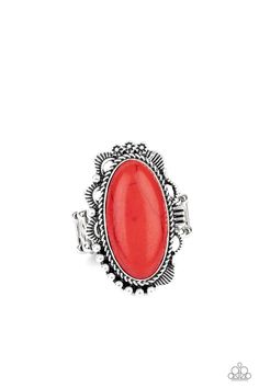 A fiery red stone is pressed into an ornate silver frame rippling with studded and serrated textures for a seasonal flair. Features a stretchy band for a flexible fit. Paparazzi Consultant, Open Range, Red Ring, Red Rings, Mobile Boutique, Fiery Red, Paparazzi Accessories, Inspired Jewelry, Affordable Jewelry