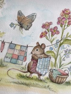 a painting of a mouse hanging out on a clothes line with a butterfly in the background