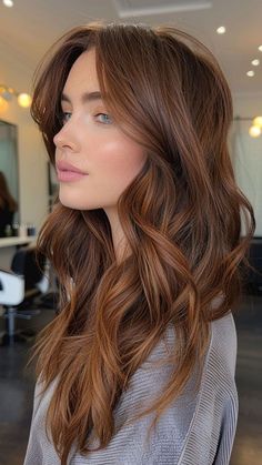 Dimensional Copper Brown Hair, Lorelai Gilmore Hair Color, Solid Auburn Hair Color, Medium Brown Hair With Auburn Highlights, Rich Auburn Brown Hair, Long Brown Hair Ideas, Cedar Brown Hair, Brown Hair Winter Ideas, Honey Mist Auburn Hair