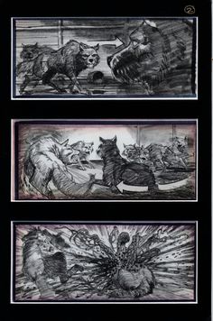 three black and white drawings of animals in different stages of being chased by an animal