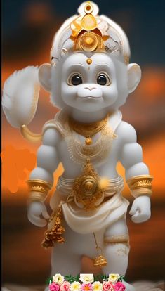 there is a white statue with gold accents on it's head and hands in the shape of a monkey