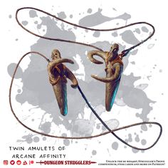 two artistically designed objects are hanging on a cord with the caption twin angels of arcane affinity