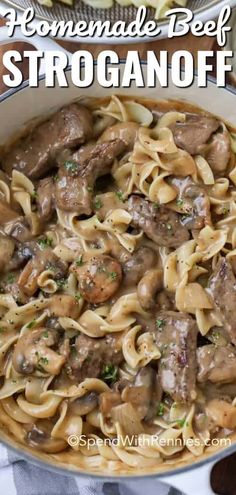 beef stroganoni with mushrooms in a skillet