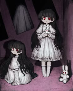 two dolls are standing next to each other in front of a mirror with red eyes