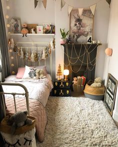 a bedroom with a bed, teddy bear and other decorations