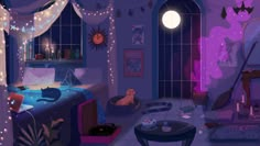 a bedroom decorated in purple and blue with fairy lights