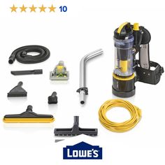 various vacuums and cleaning supplies are arranged on a white surface, including a yellow hose