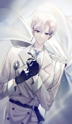 an anime character with white hair and gloves holding something in one hand while standing under a blanket