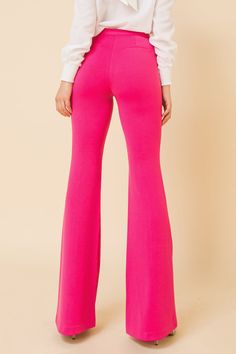 Hight-rise flare pants with center seam. Faux back pockets Details Self: 97% polyester, 3% spandex Imported Size & Fit - Model is 5`8" and wearing size Small - Measurements taken from size Small - Length: 45" Non-stretch Flared Hem Bottoms For Fall, Fitted Elastane Flares For Fall, Fall Fitted Elastane Flares, Fall High-waisted Fitted Flare Jeans, Fitted High-waisted Flare Jeans For Fall, Trendy Stretch Full Length Flares, Fitted Full Length Flare Jeans, Trendy Stretch Wide Leg Flares, Fitted Flare Pants In Elastane