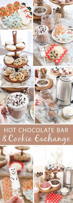 a collage of photos showing different types of cookies and pastries on plates, with the words hot chocolate bar & cookie exchange