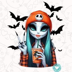 a girl with blue hair holding a starbucks cup and wearing an orange hat while standing in front of bats