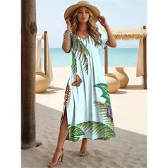 2024 Hawaiian Women's Dresses Coconut Tree Print Midi Dresses Vacation Female Short Sleeve Dress Dresses Vacation, Female Shorts, Coconut Tree, Vacation Dresses, Printed Midi Dress, Short Sleeve Dress, Tree Print, Midi Dresses, Fashion Summer