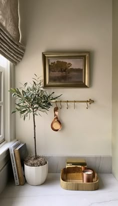 a potted plant sitting on top of a white counter next to a framed painting