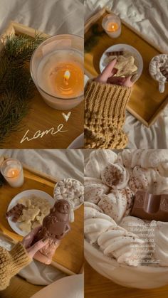 two pictures of food on a table with candles in the background and hands holding cookies