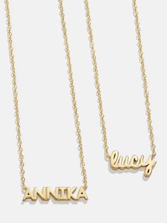 Spell it out with the 18K Gold Mini Nameplate Necklace. This custom name piece features a modern gold chain attached to your choice of a pavé or gold nameplate. Featuring the personalization of your choosing. Crafted with 18K gold plated sterling silver and Cubic Zirconia stones, you'll be wearing it for years to come. Luxury Gold Name Necklace With Custom Name, Luxury Customizable Nameplate Necklaces, Luxury Customizable Nameplate Necklace, Luxury Personalized Initial Pendant Name Necklace, Luxury Yellow Gold Name Necklace For Personalized Gift, Luxury Yellow Gold Name Necklace As Personalized Gift, Luxury Gold Nameplate Necklace, Gold Customizable Nameplate Necklace, Customized Yellow Gold Nameplate Necklace