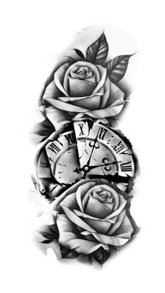 a rose and clock tattoo design on the back of a woman's arm,