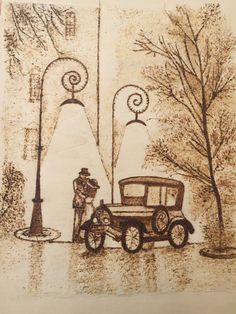 a drawing of an old car parked in front of a lamp post with a man standing next to it