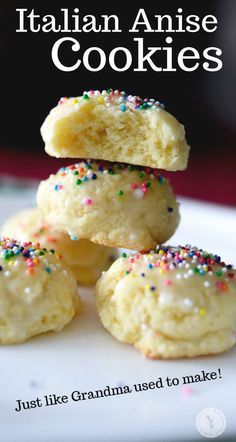 some cookies with sprinkles stacked on top of each other and the title reads italian anise cookies just like grandma used to make