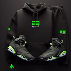 Looking for the ultimate combination of comfort, style, and sneaker culture? Look no further than our athleisure "23 Legend" Black Sneaker Sweatsuit To Match Air Jordan Retro 6 Electric Green colorways! This two-piece hoodie and joggers set is designed to perfectly match the colorway of the iconic Air Jordan 6 sneakers, and features a bold "23 Legend" graphic on the front in bold and striking neon green color.So why wait? Order now and step up your style game with our exclusive "23 Legend" sneakerhead Sweatsuit To Match Air Jordan 6 Retro's black and neon green colorways. With fast shipping times, hassle-free returns, and unbeatable customer service. Check out our SneakerThreads Blog for all things sneaker culture, created by sneakerheads for sneakerheads! PREMIUM HOODIE MATERIAL Cotton 80 Black Guy Outfits Swag, Mens Hoodie Outfit Streetwear, Black Men Outfits Swag, Black Sweatsuit, Male Gifts, Air Jordan Retro 6, Jordan 13 Black, Sneaker Culture, Jordan Retro 6