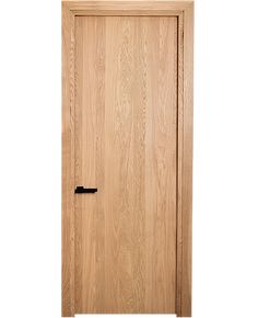 a wooden door with a black handle on the front and side panel, against a white background