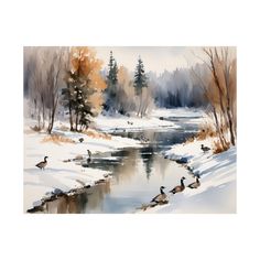 a watercolor painting of ducks in the snow by a river with trees on either side